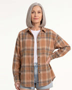 Tan and brown plaid oversized button-down shirt with long sleeves
