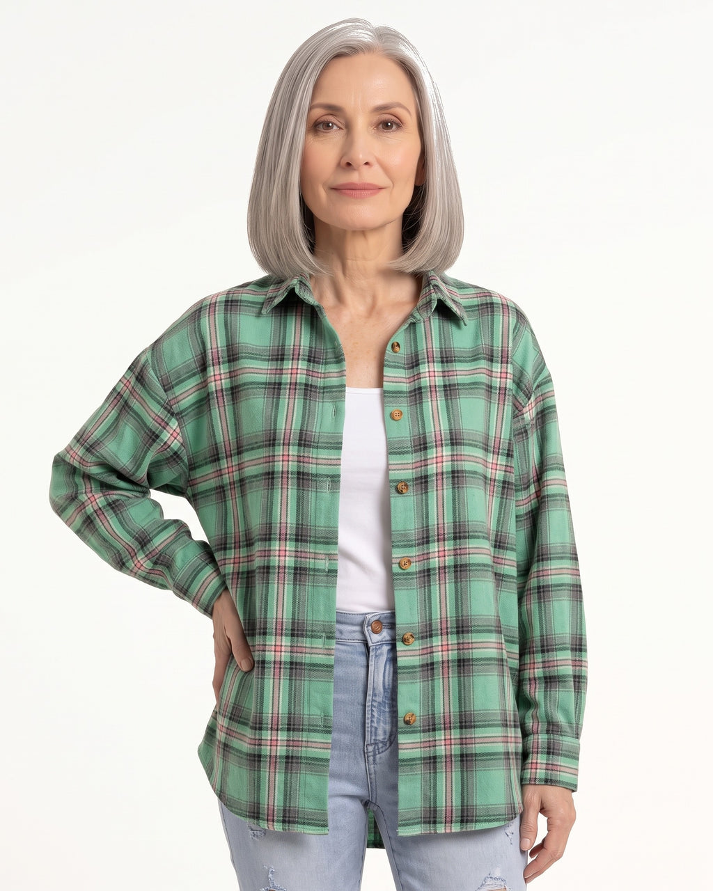Green and red plaid oversized button-down shirt with long sleeves and front buttons