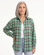 Green and red plaid oversized button-down shirt with long sleeves and front buttons