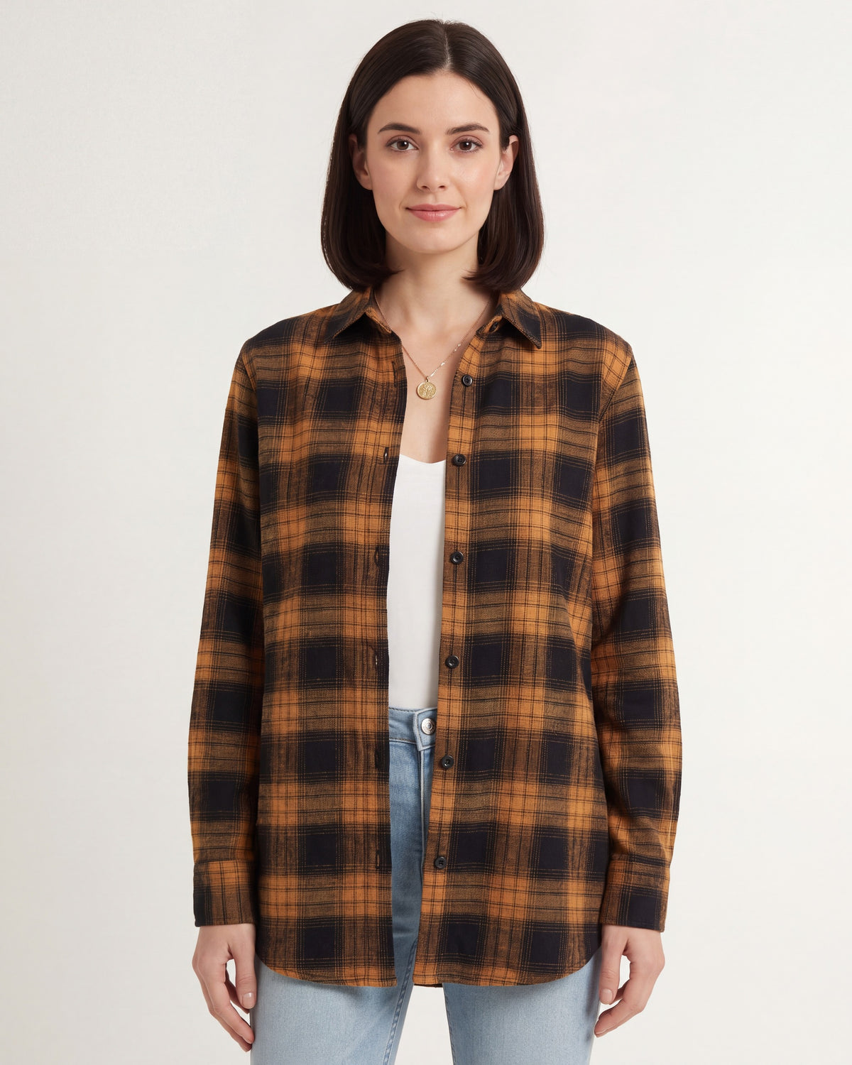 Plaid Shirt for Women — Oversized Button Down Boyfriend Fit in Brushed Cotton in Orange — studio model photo [ai-studio]