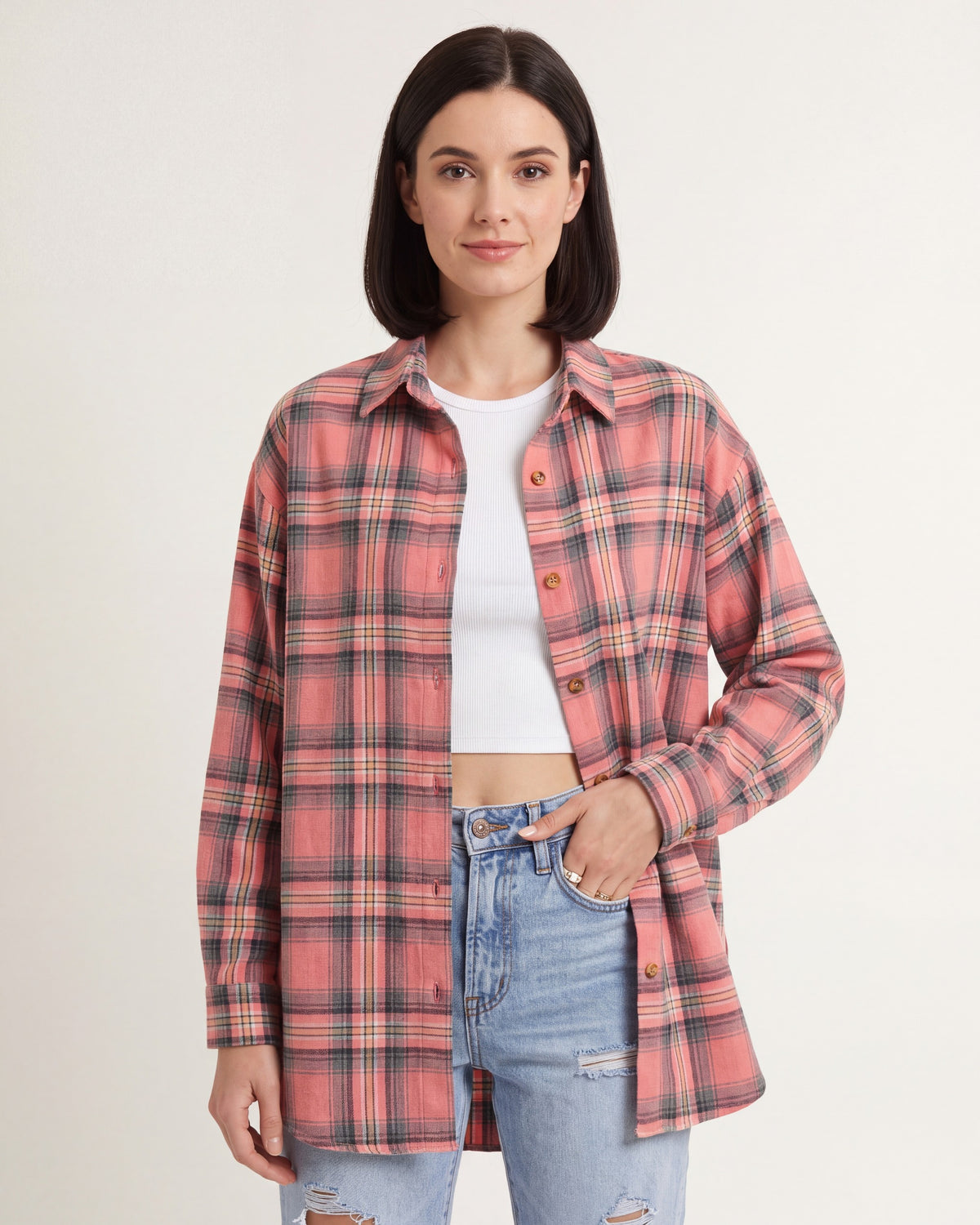 Plaid Shirt for Women — Oversized Button Down Boyfriend Fit in Brushed Cotton in Pink — studio model photo [ai-studio]