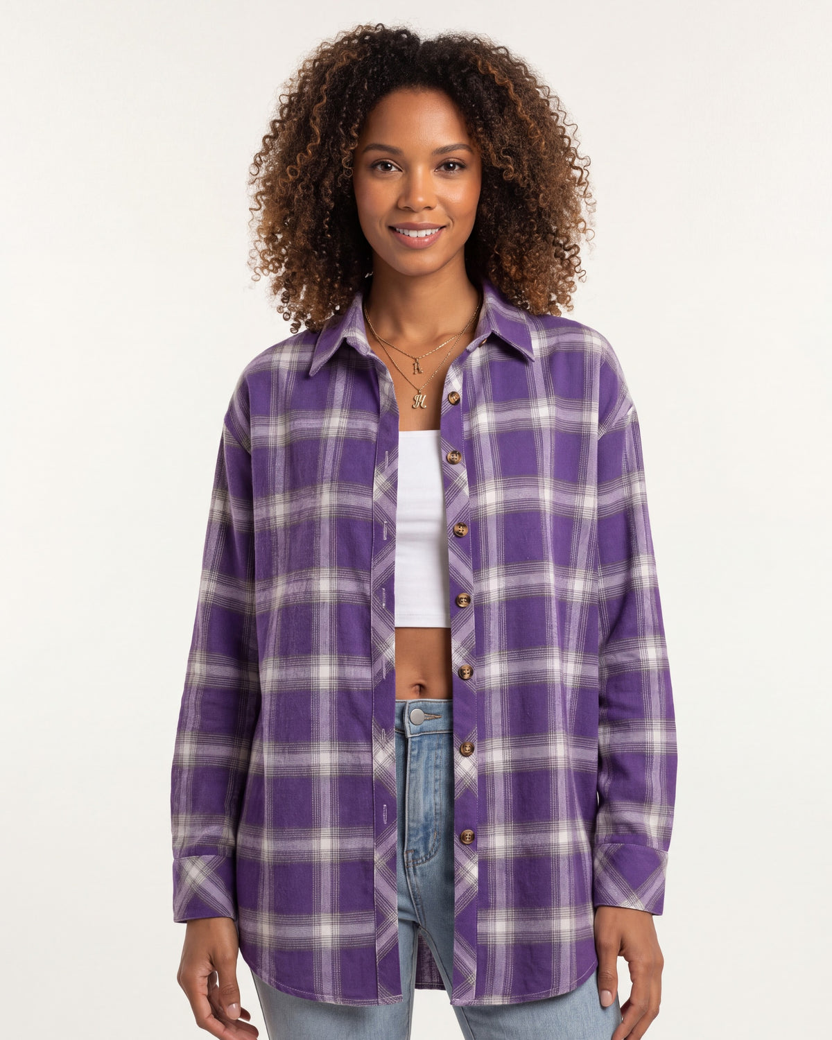 Plaid Shirt for Women — Oversized Button Down Boyfriend Fit in Brushed Cotton in Purple — studio model photo [ai-studio]