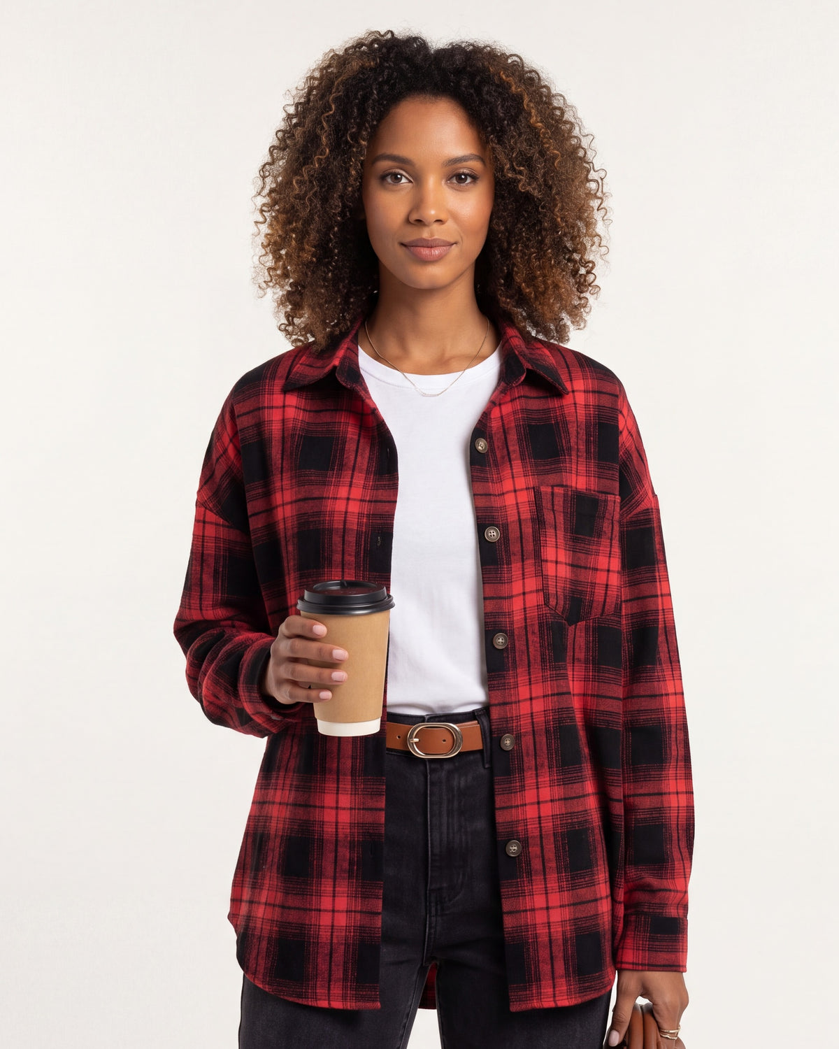 Plaid Shirt for Women — Oversized Button Down Boyfriend Fit in Brushed Cotton in Red — studio model photo [ai-studio]