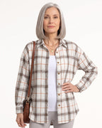 Beige and brown plaid oversized button-down shirt with long sleeves and front buttons