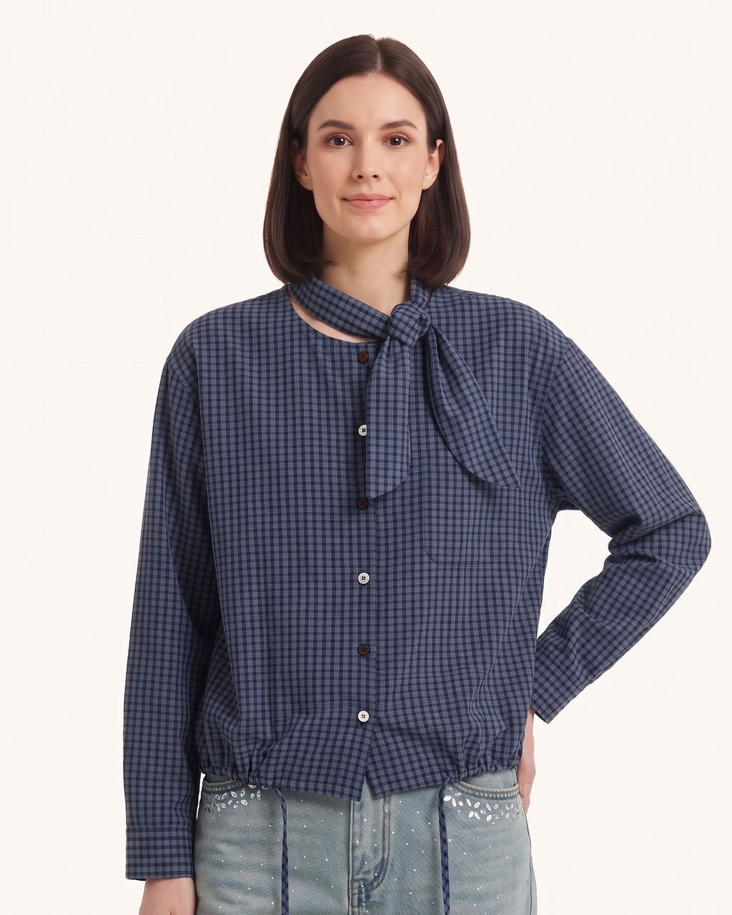 Dark blue plaid tie-neck button-up blouse with bow collar and button front