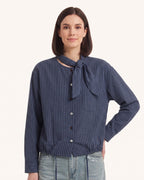 Dark blue plaid tie-neck button-up blouse with bow collar and button front