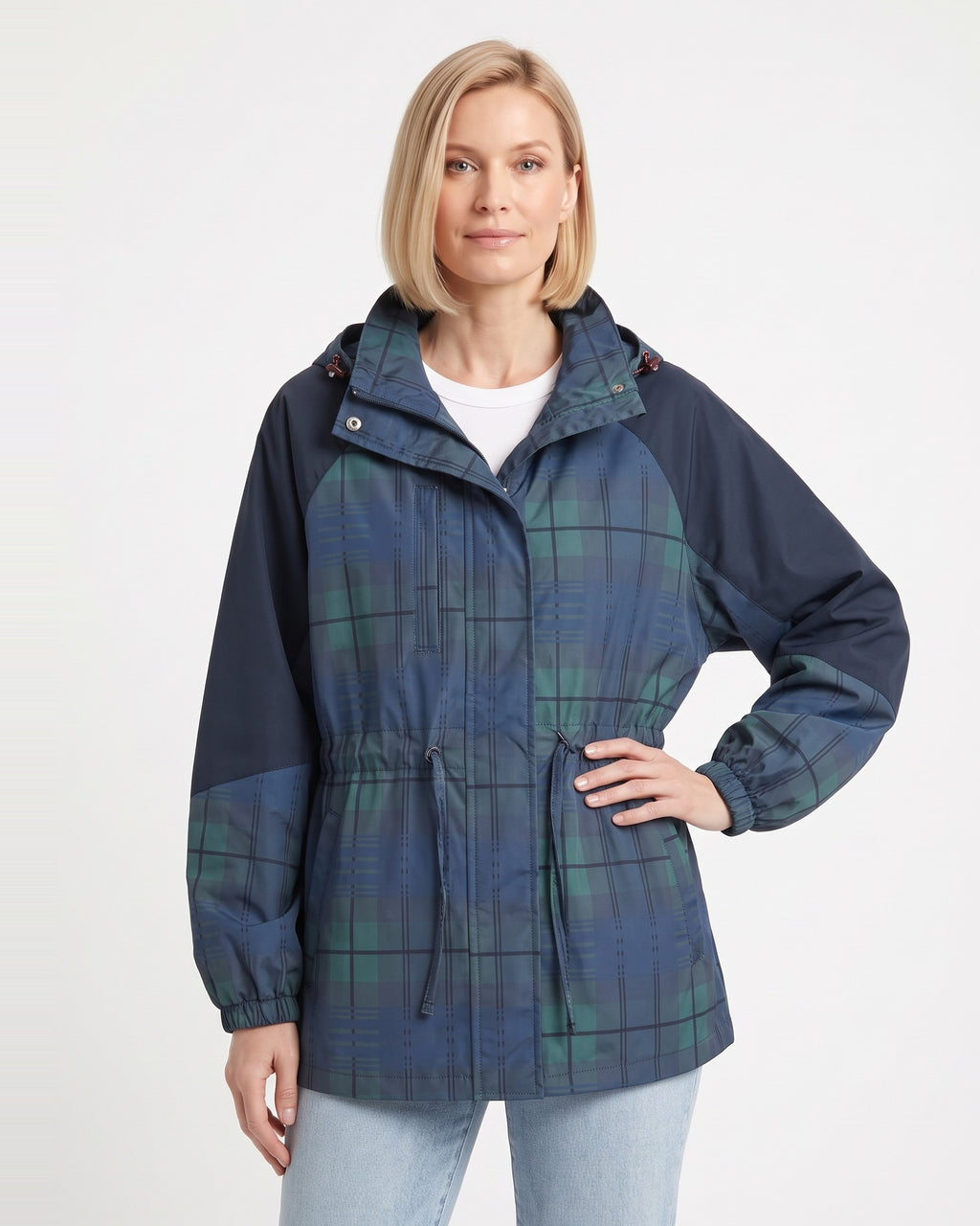 Women’s dark plaid windbreaker jacket with oversized hood and drawstring waist
