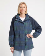 Women’s dark plaid windbreaker jacket with oversized hood and drawstring waist