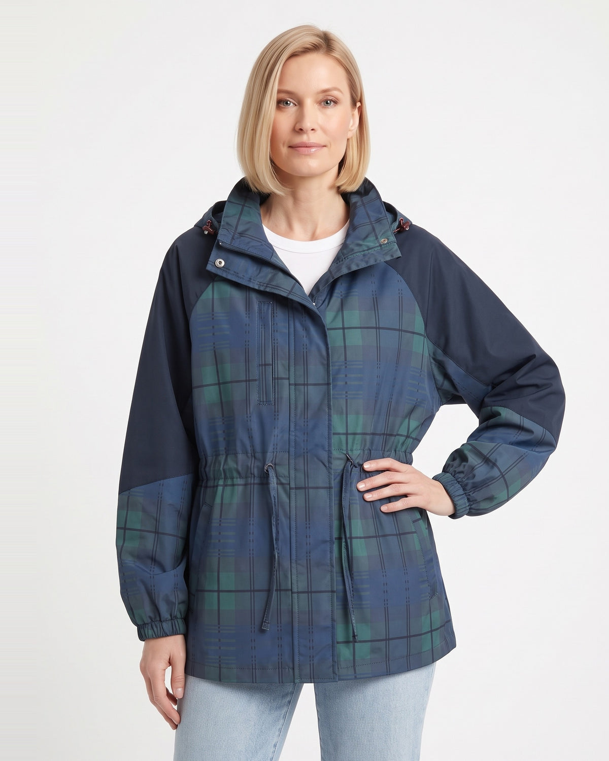 Women’s dark plaid windbreaker jacket with oversized hood and drawstring waist