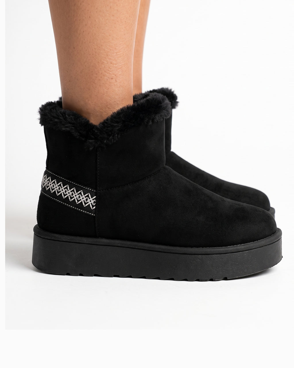 Black platform snow boots with faux suede finish, faux fur collar, slip-on ankle style