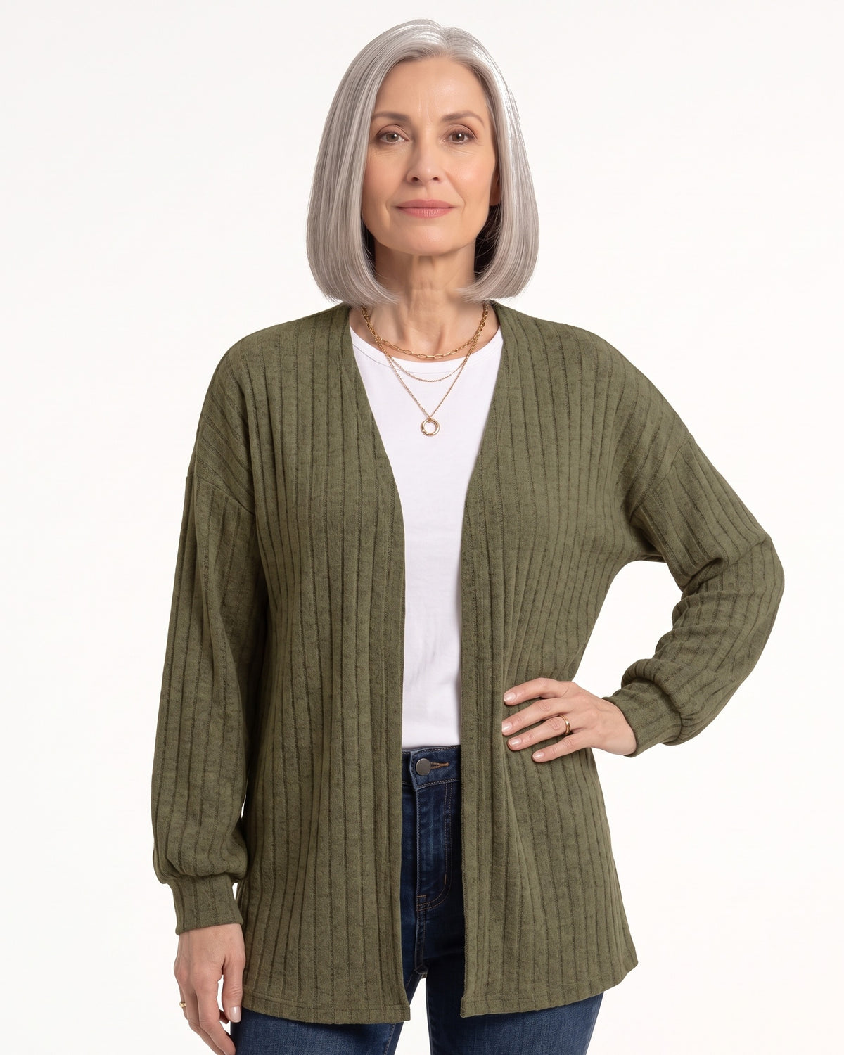 Olive green open-front ribbed knit cardigan, mid-length, drop-shoulder sleeves