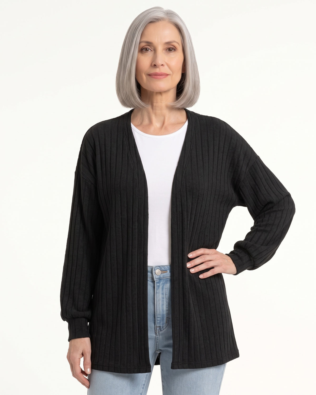 Black open-front ribbed knit cardigan, mid-length, drop-shoulder sleeves