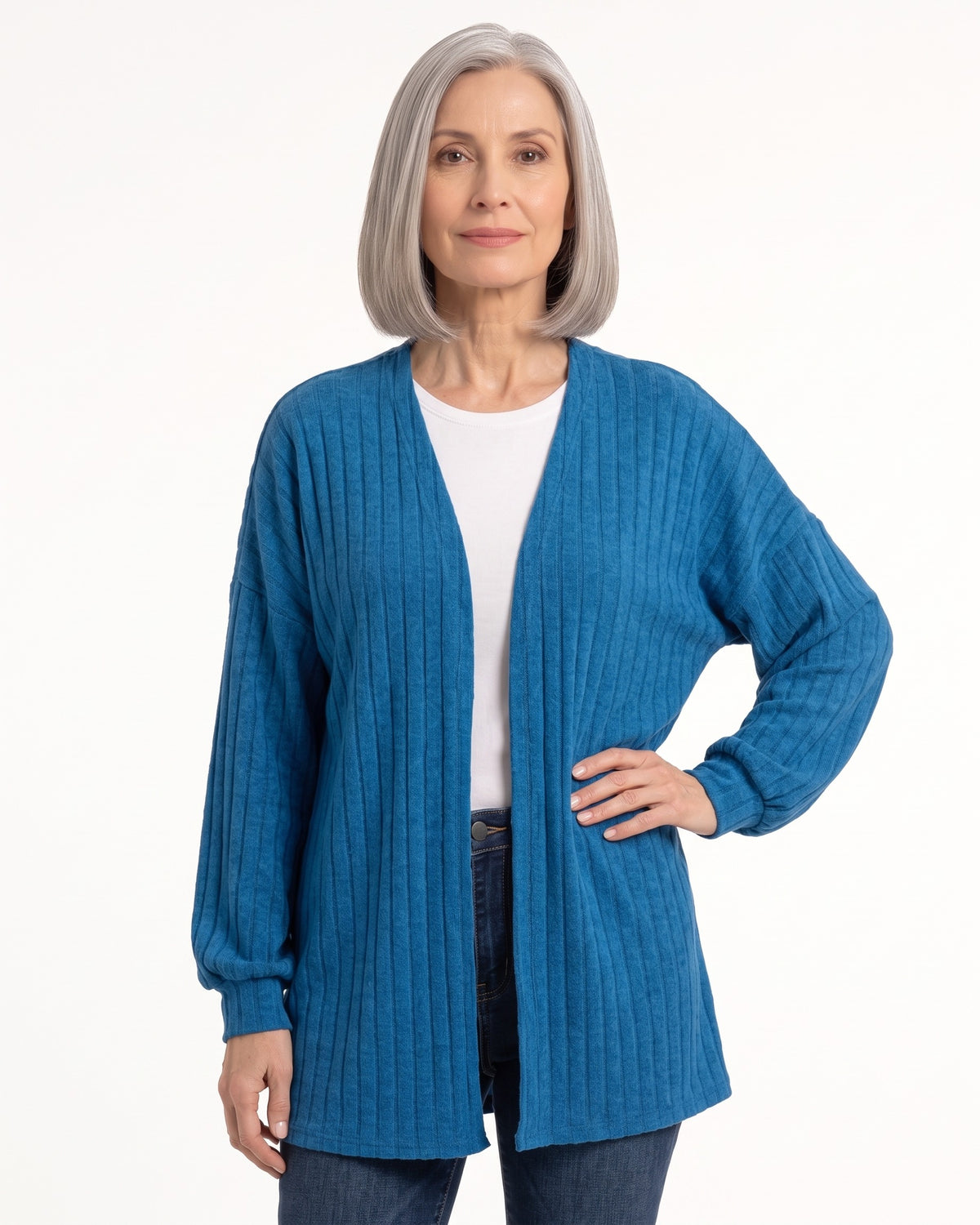 Blue open-front ribbed knit cardigan, mid-length with drop-shoulder sleeves