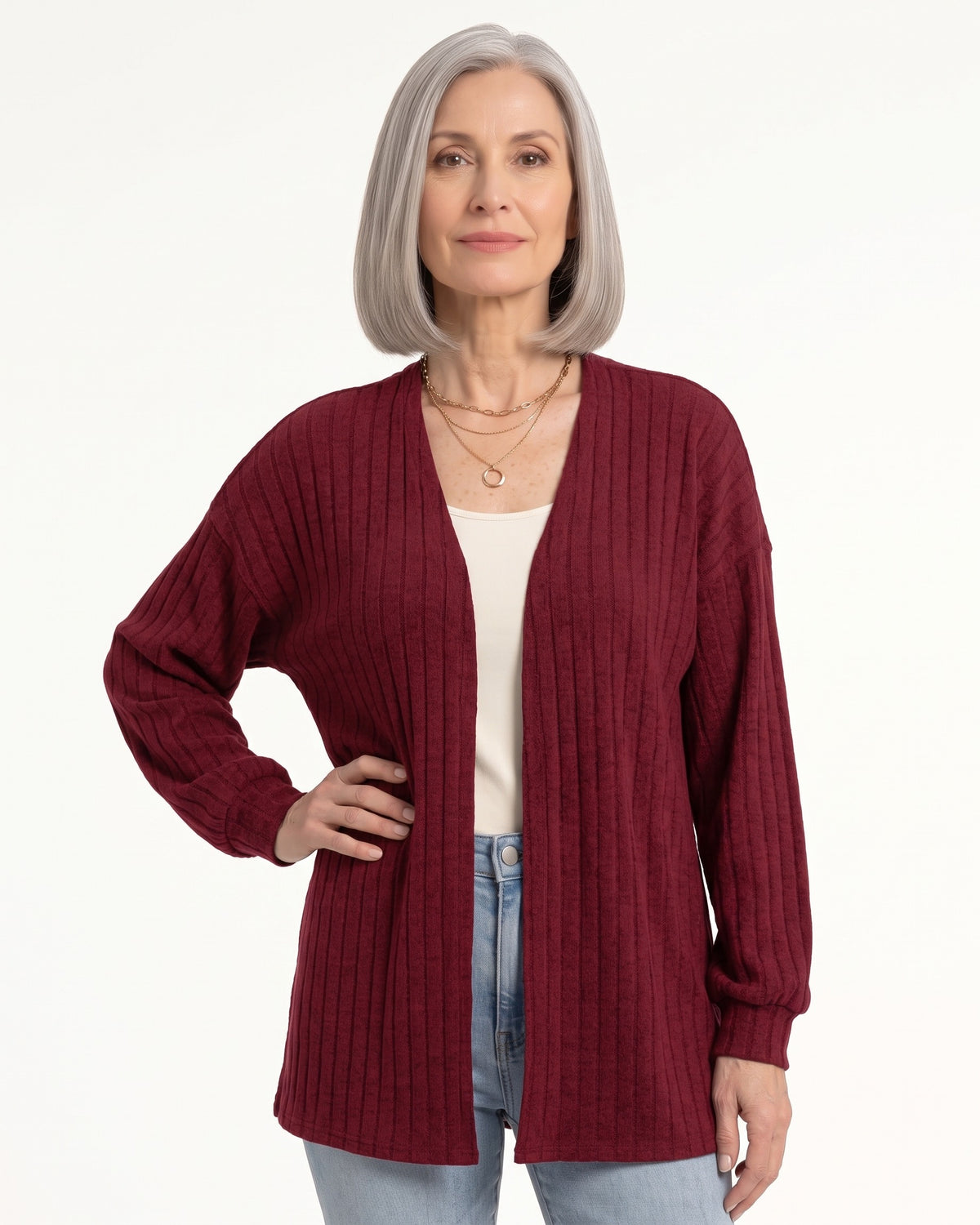 Burgundy open-front ribbed knit cardigan, mid-length with drop-shoulder sleeves