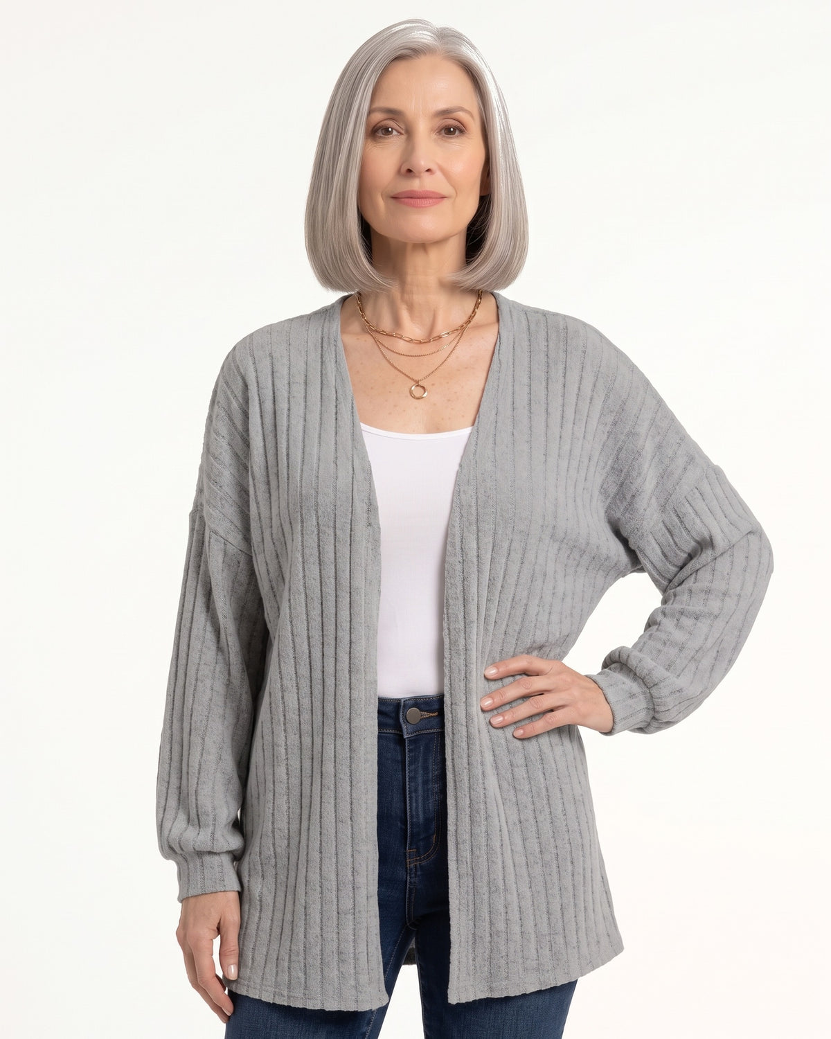 Light gray open-front ribbed knit cardigan, mid-length, drop-shoulder sleeves