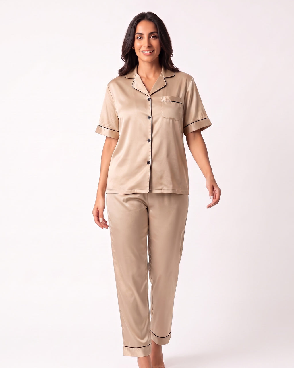 Beige satin pajama set with notch-collar short-sleeve button top and cropped pants