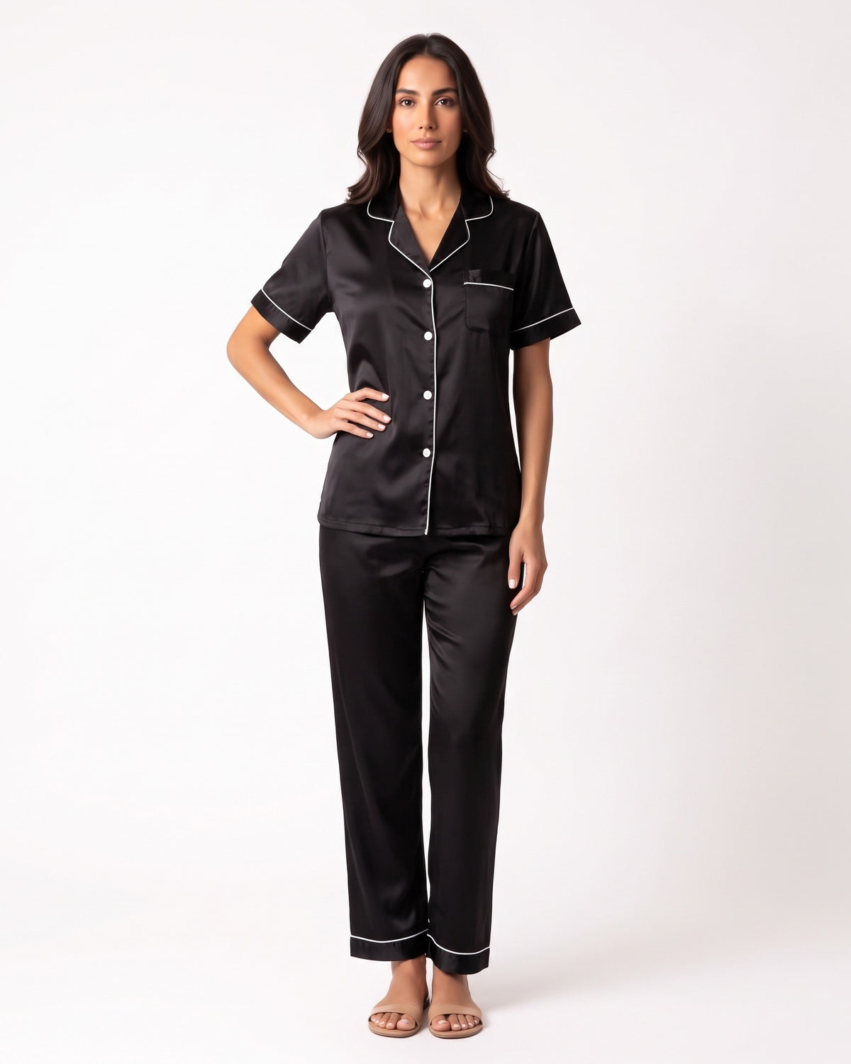 Women's satin pajama set in black: notch-collar button top with matching cropped pants
