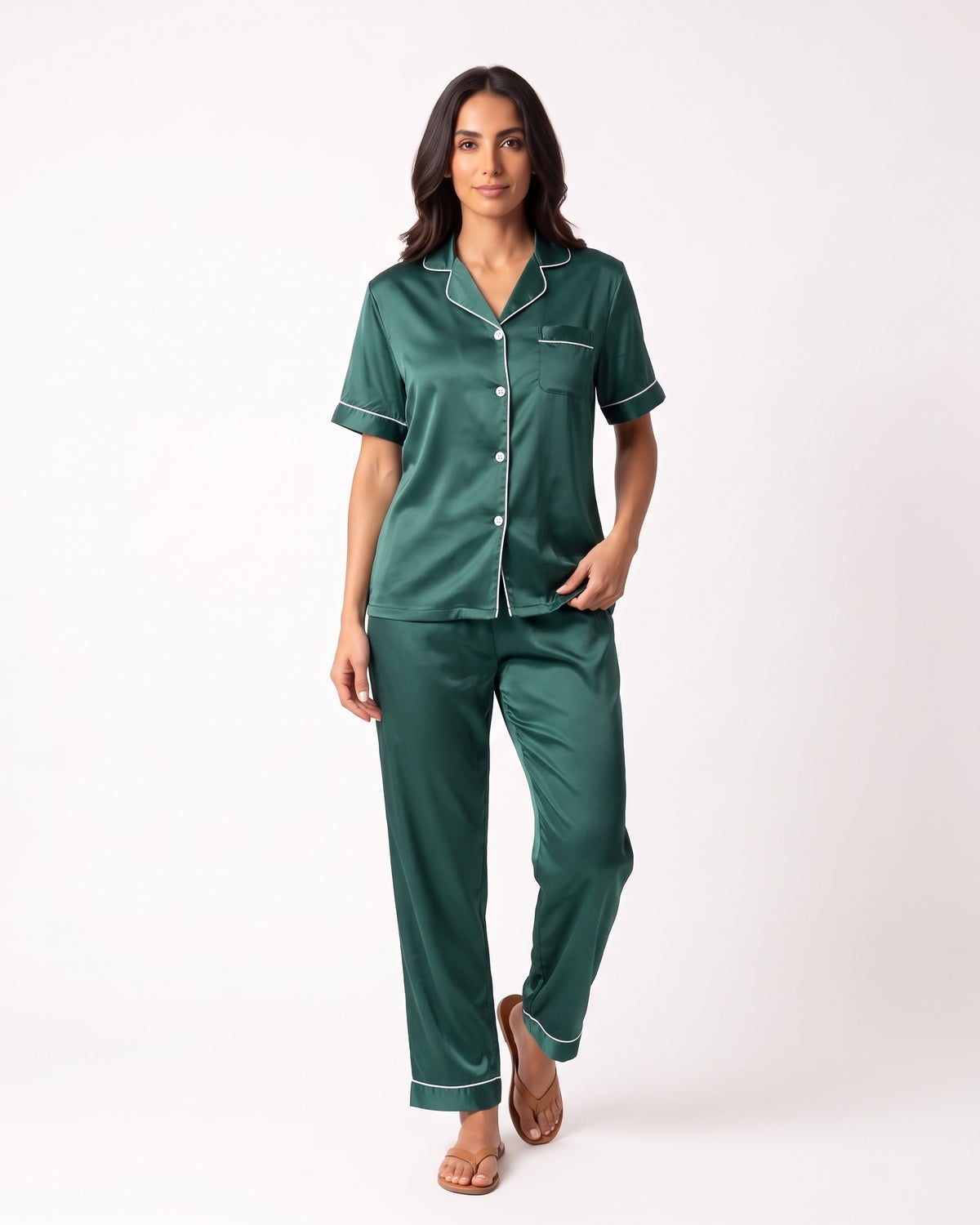 Dark green satin pajama set with notch-collar short-sleeve button top and cropped pants