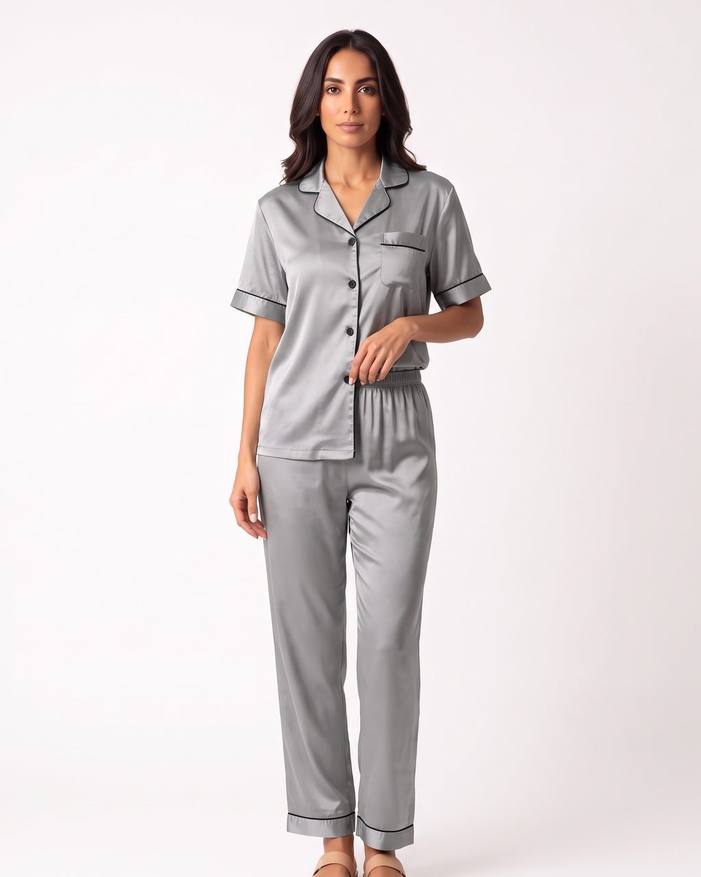 Gray satin pajama set with short-sleeve button top and ankle-length pants