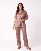 Mauve satin pajama set with short-sleeve button top and cropped ankle pants