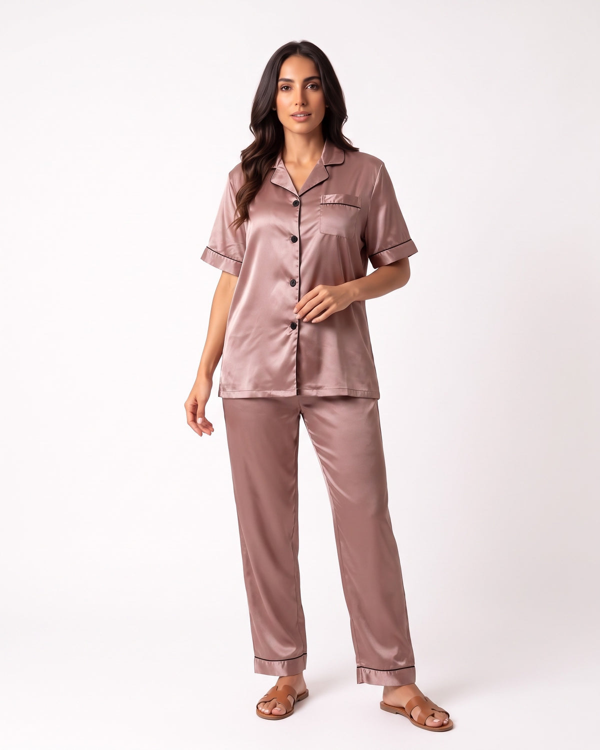 Mauve satin pajama set with short-sleeve button top and cropped ankle pants