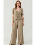 Women's khaki tie-front peplum top and wide-leg trousers two-piece pants set