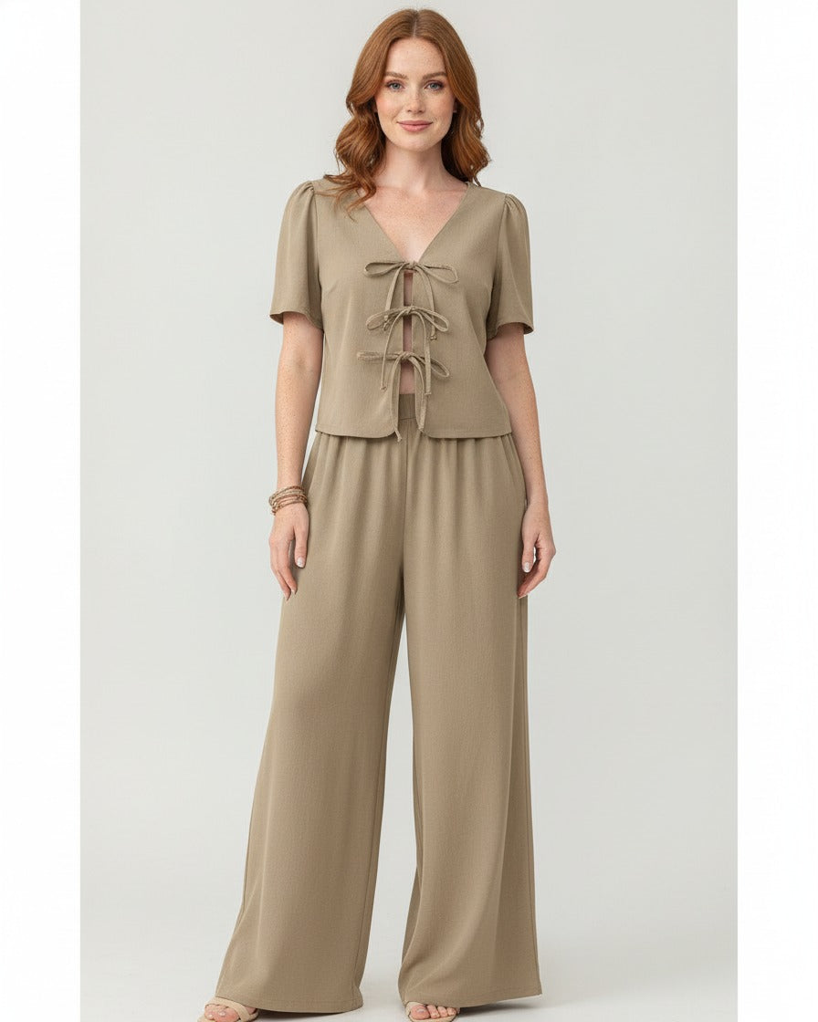 Women's khaki tie-front peplum top and wide-leg trousers two-piece pants set