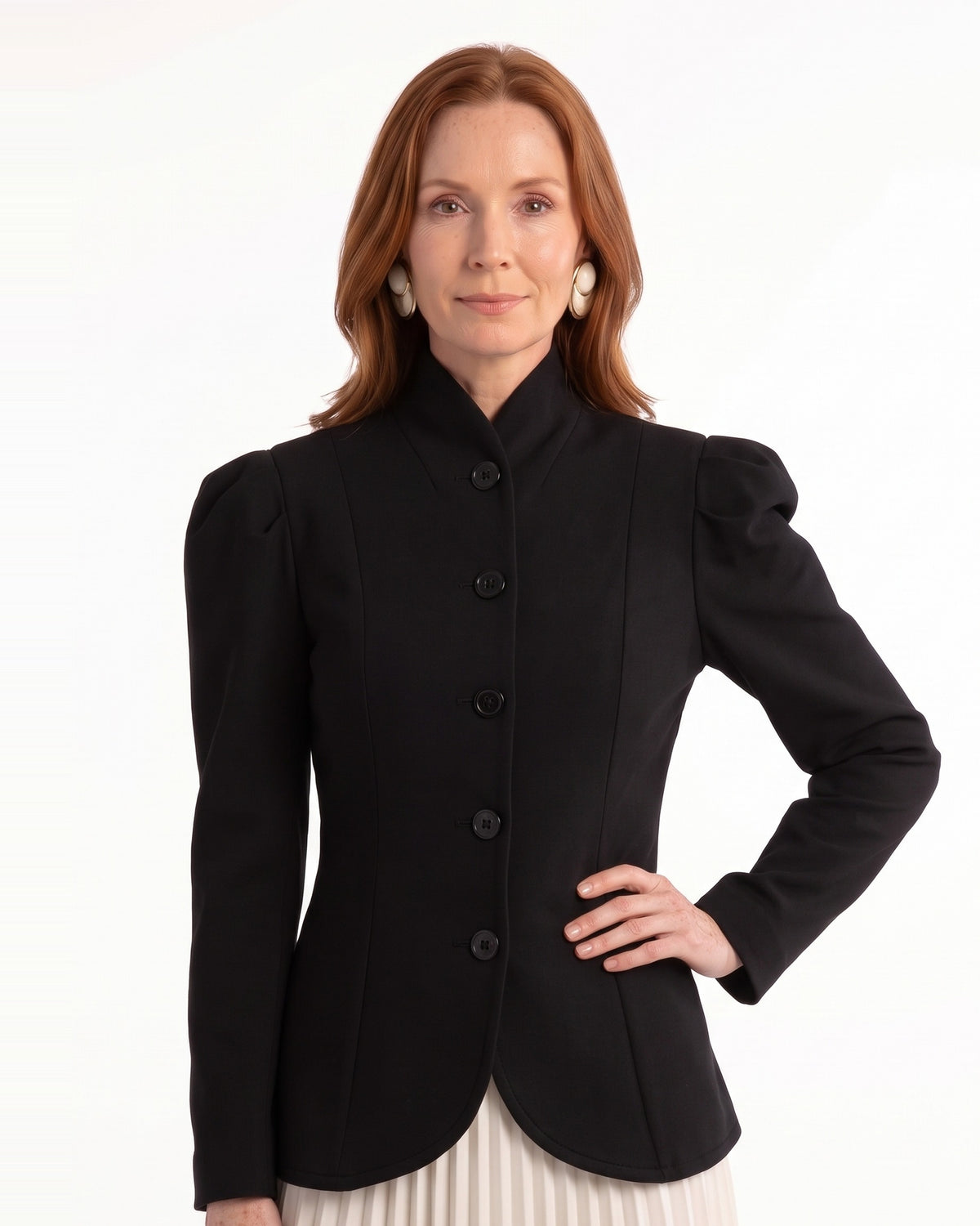 Black fitted blazer with stand collar, puff sleeves, and button front, model front view
