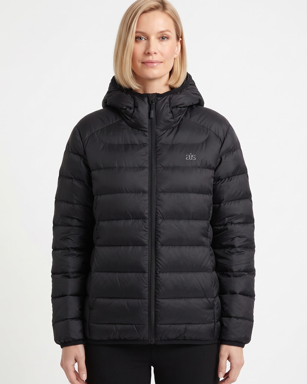 Women’s black hooded puffer jacket with quilted panels and full front zipper