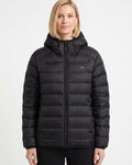 Women’s black hooded puffer jacket with quilted panels and full front zipper