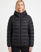 Women’s black hooded puffer jacket with quilted panels and full front zipper
