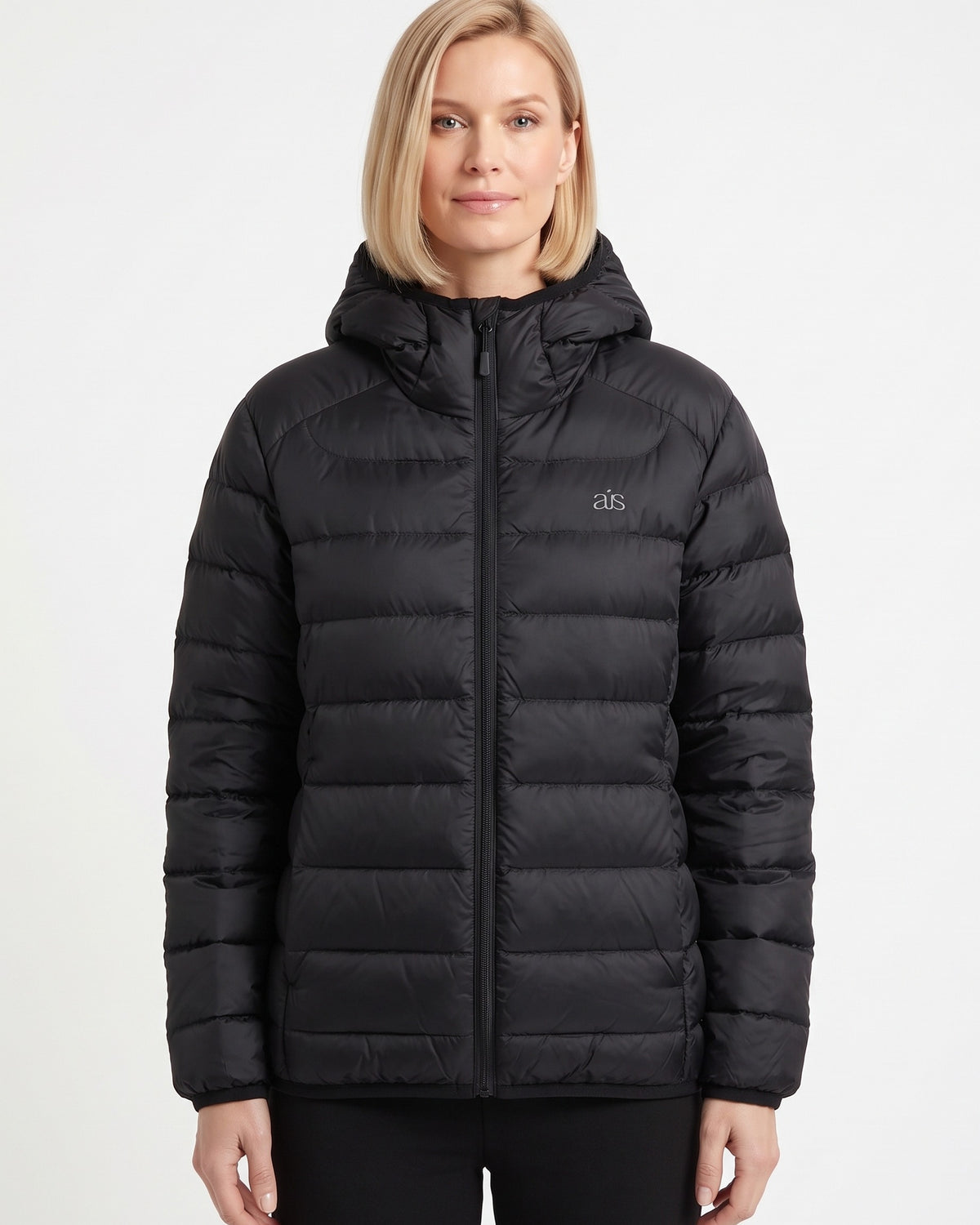 Women’s black hooded puffer jacket with quilted panels and full front zipper