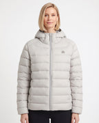 Women’s pale gray hooded puffer jacket with quilted panels and full front zipper