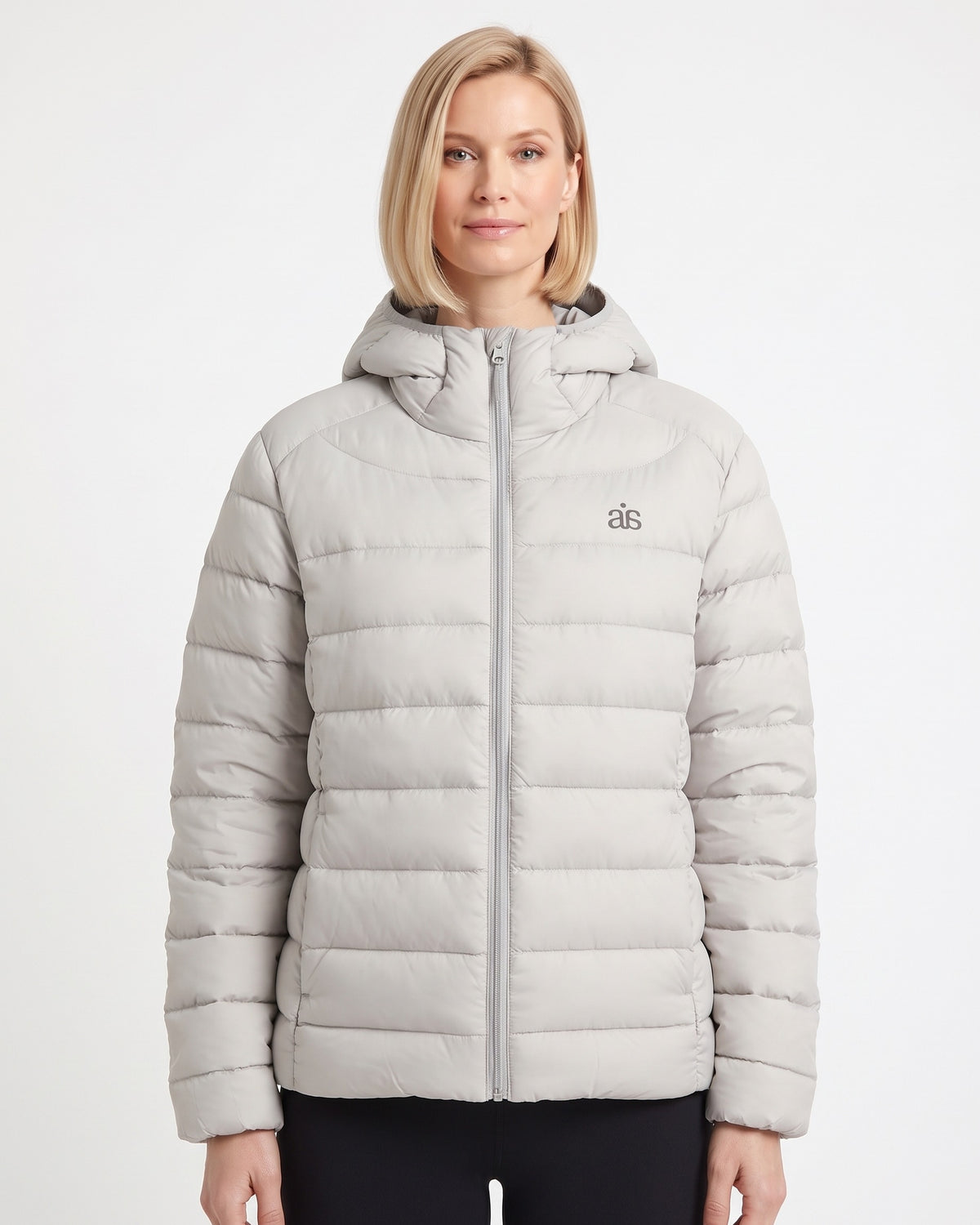 Women’s pale gray hooded puffer jacket with quilted panels and full front zipper