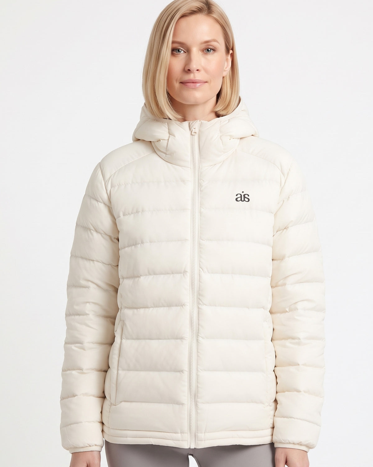 Women’s ivory hooded puffer jacket with quilted panels and full front zipper