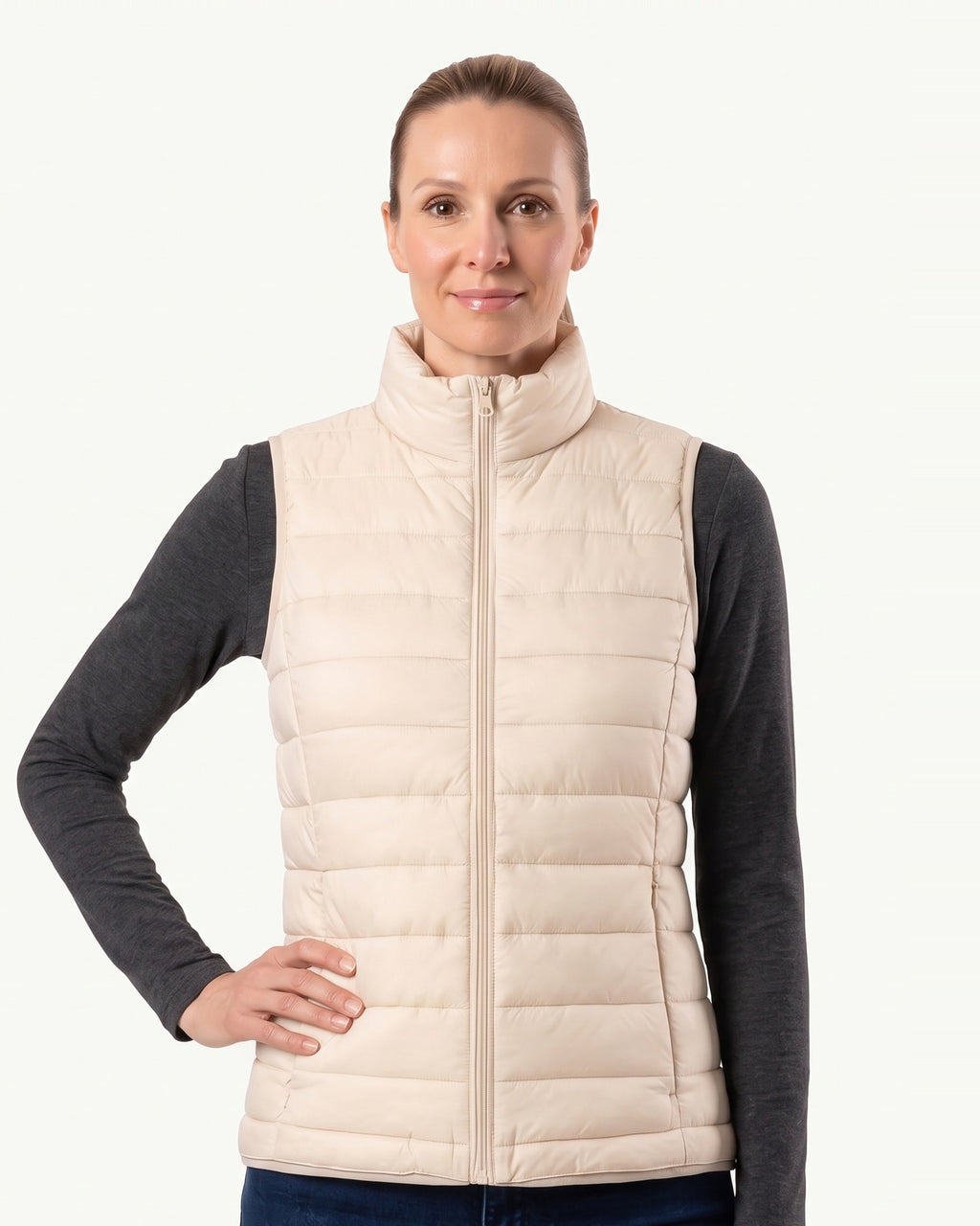 Off-white quilted puffer vest for women, sleeveless with stand collar and front zipper