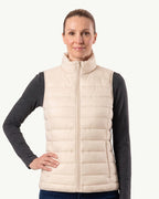 Off-white quilted puffer vest for women, sleeveless with stand collar and front zipper