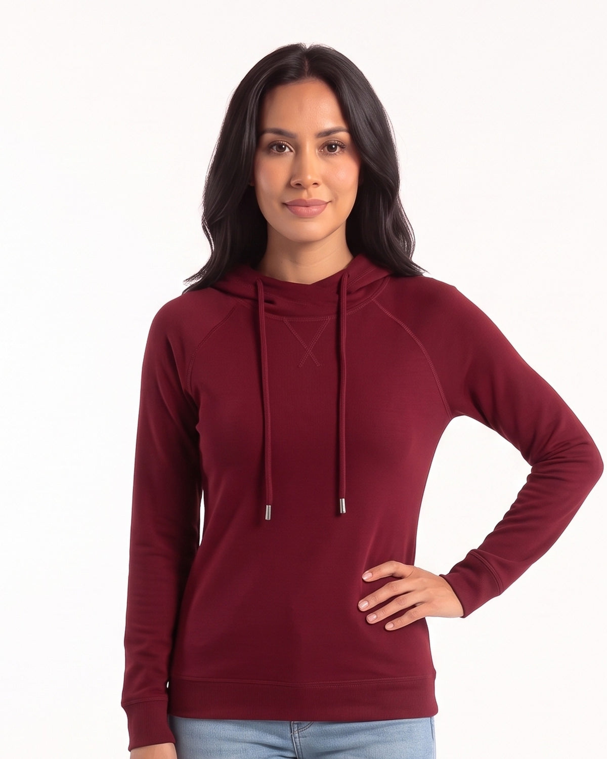 Burgundy women’s pullover hoodie with drawstring hood and kangaroo pocket