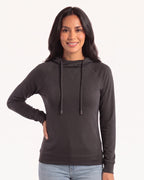 Dark gray women’s pullover hoodie with drawstring hood and kangaroo pocket