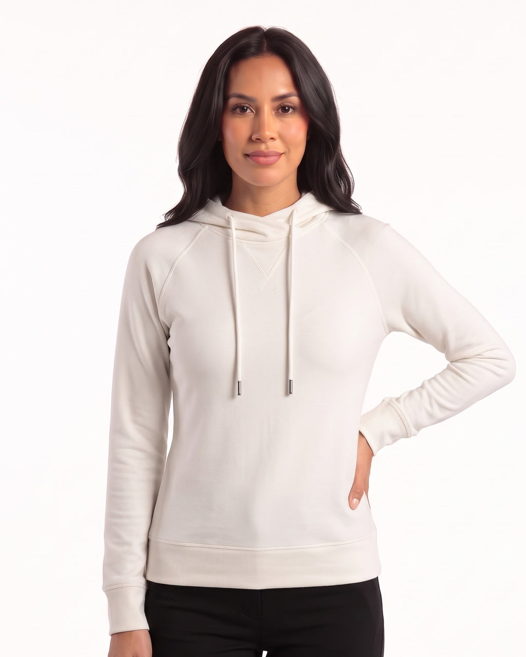 Off-white women’s pullover hoodie with drawstring hood and kangaroo pocket