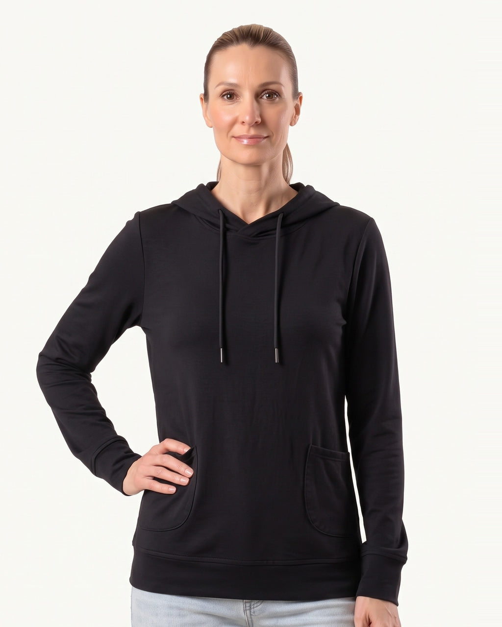 Women's lightweight pullover hoodie, black cotton jersey, drawstring hood and front pockets