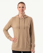 Women’s tan pullover hoodie with drawstring hood and kangaroo front pocket
