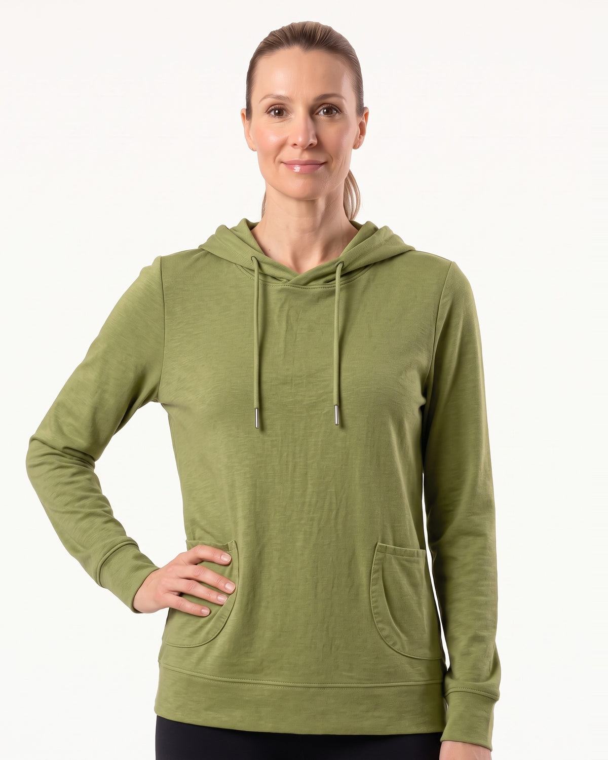 Women’s olive green pullover hoodie with drawstring hood and kangaroo front pocket