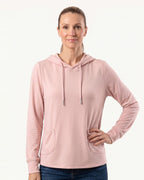 Women’s light pink pullover hoodie with drawstring hood and kangaroo front pocket