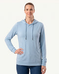 Women’s sky blue pullover hoodie with drawstring hood and kangaroo front pocket