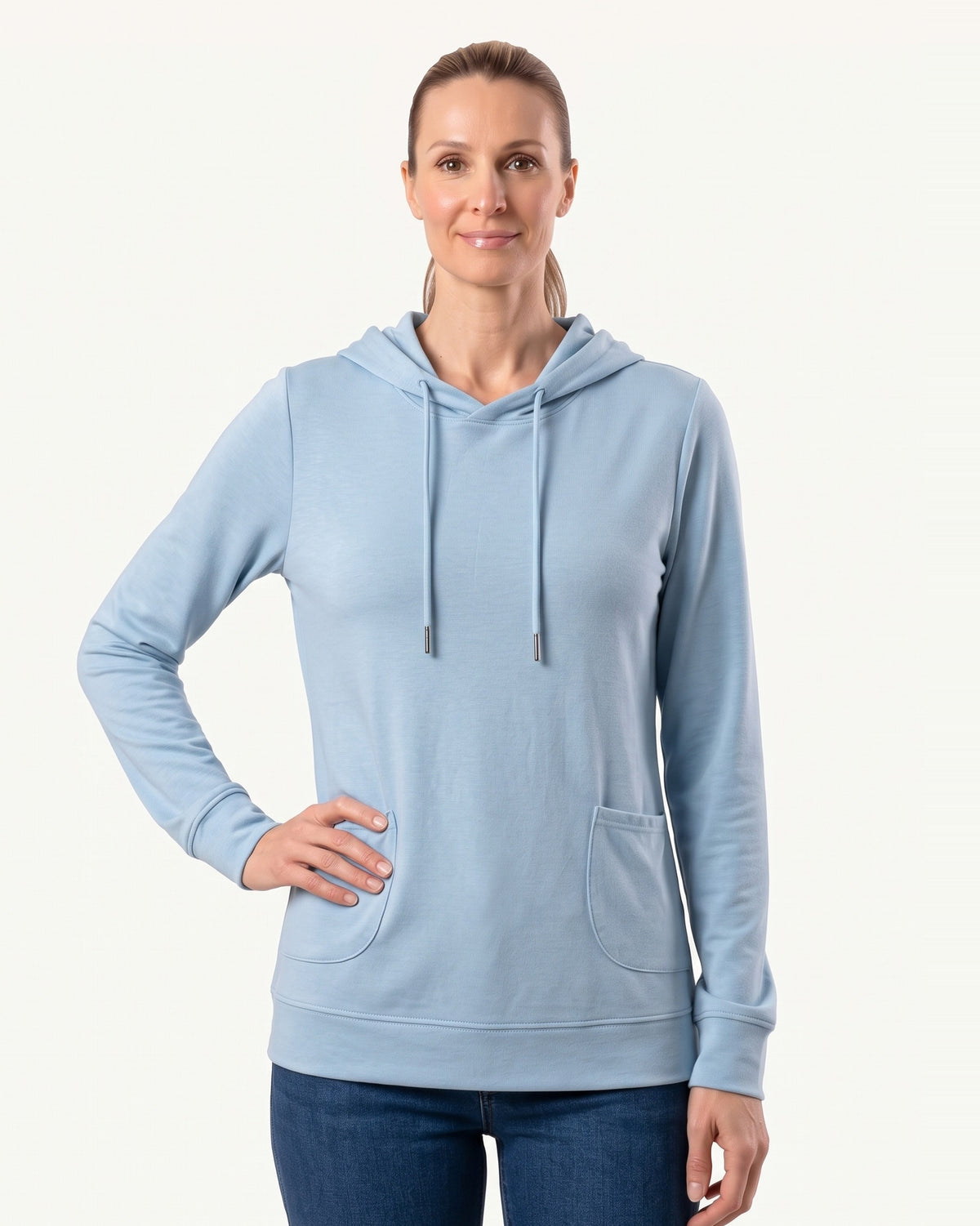 Women’s sky blue pullover hoodie with drawstring hood and kangaroo front pocket
