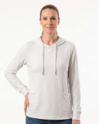 Women's lightweight pullover hoodie, white cotton jersey, drawstring hood and front pockets