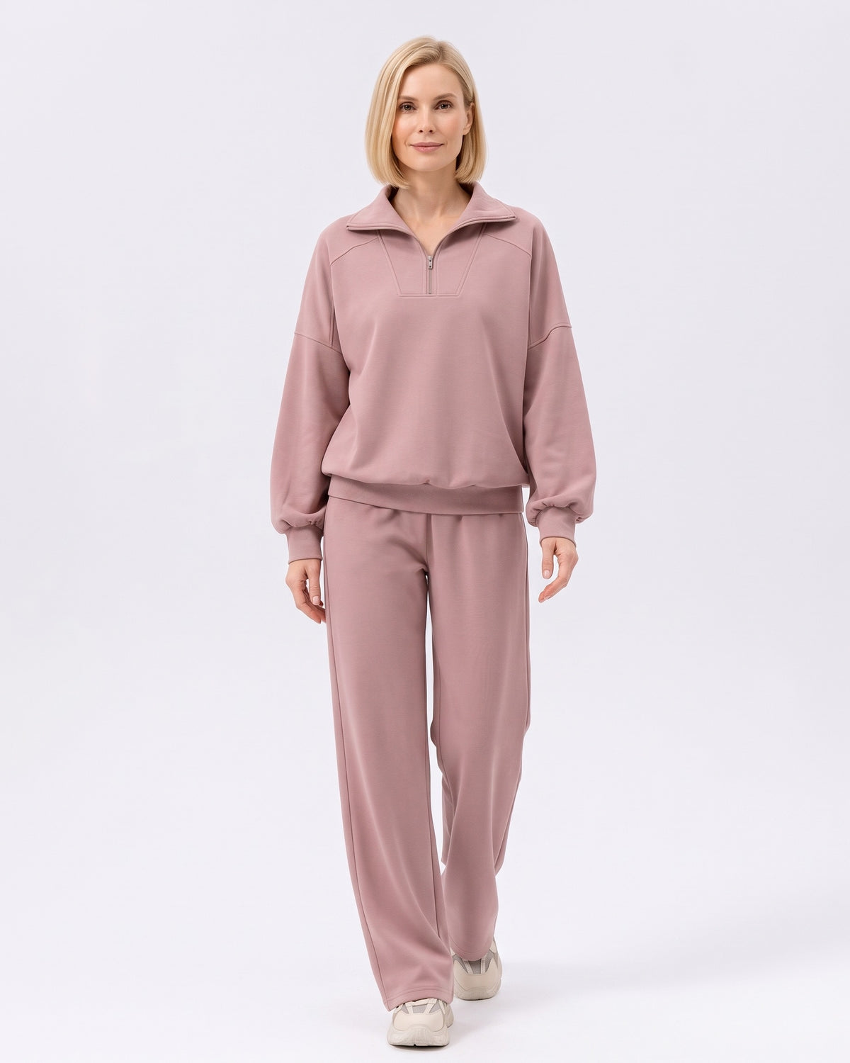 Mauve two-piece sweatsuit with quarter-zip pullover and wide-leg pants
