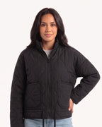 Women’s dark gray quilted cotton jacket, zip-up with stand collar and patch pockets