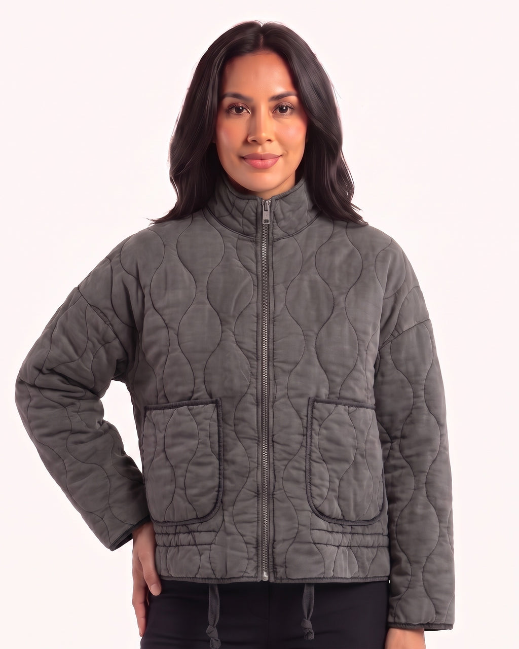 Women's dark gray quilted cotton jacket with stand collar, front zipper, and large patch pockets